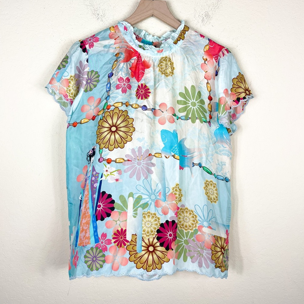 Johnny Was Silk Floral Japanese Blouse Size Small